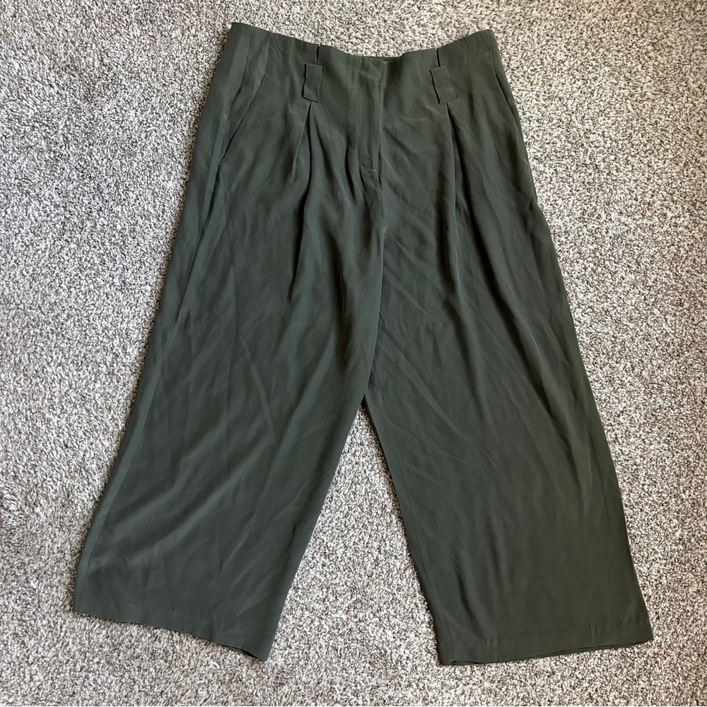 L’agence Samira Silk Paper Bag Wide Leg Cropped Pants Green 8 Casual